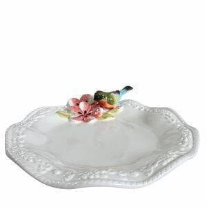 Corner Ruby Botanical Collection 3D Floral Bird Ceramic Catchall Dish 9in New